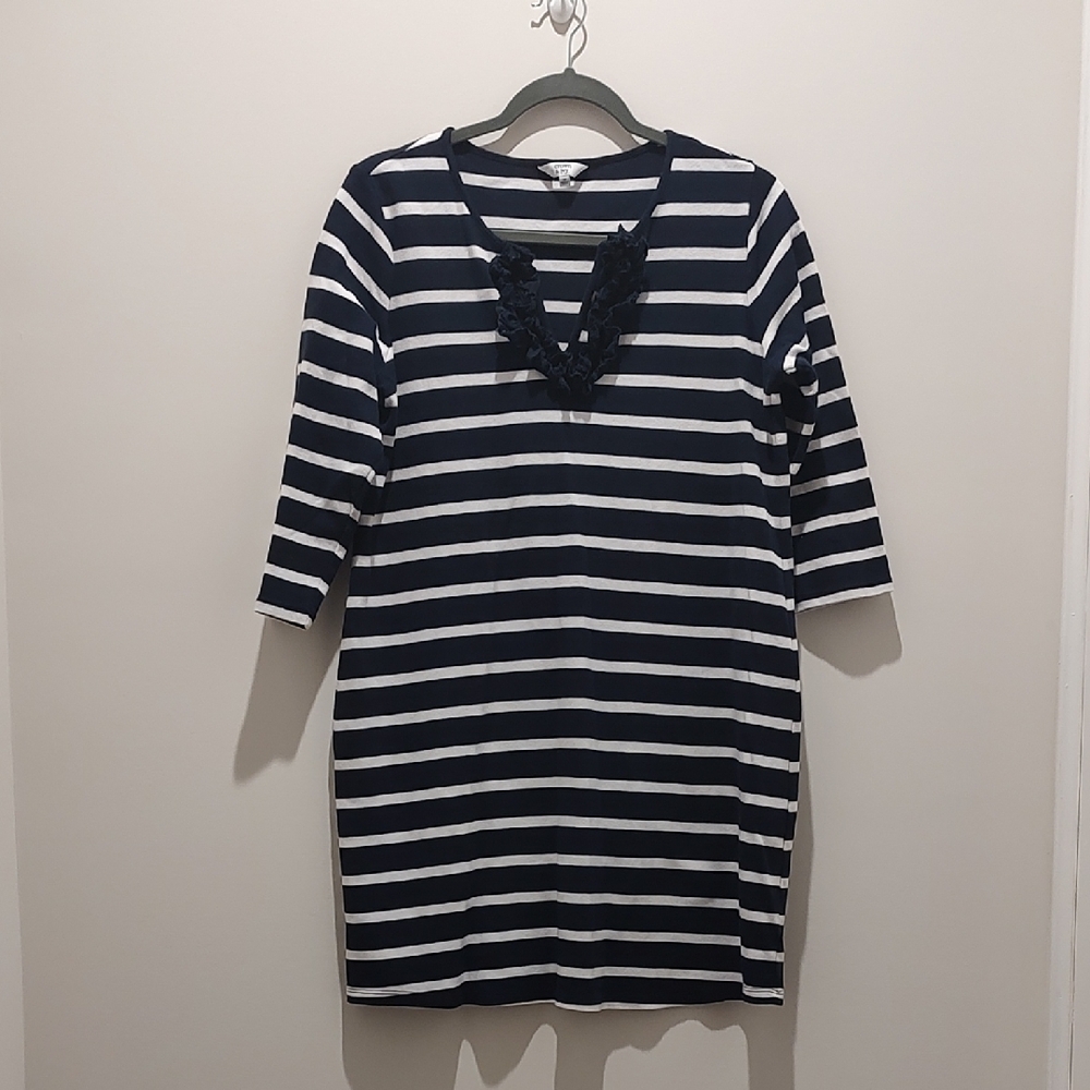 Navy White Striped Ruffles V Neck Dress Nautical Resort Preppy Casual Business
